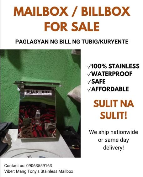 STAINLESS MAIL BOX BILL BOX 9*6*3 inches (Category: Home Improvement Tools & Accessories) located in General Trias. Submitted by mangtonysmailbox (Listing ID 1385816440, Image 1). Description: Stainless mailbox, hindi kinakalawang hindi pinapasukan ng tubig. .