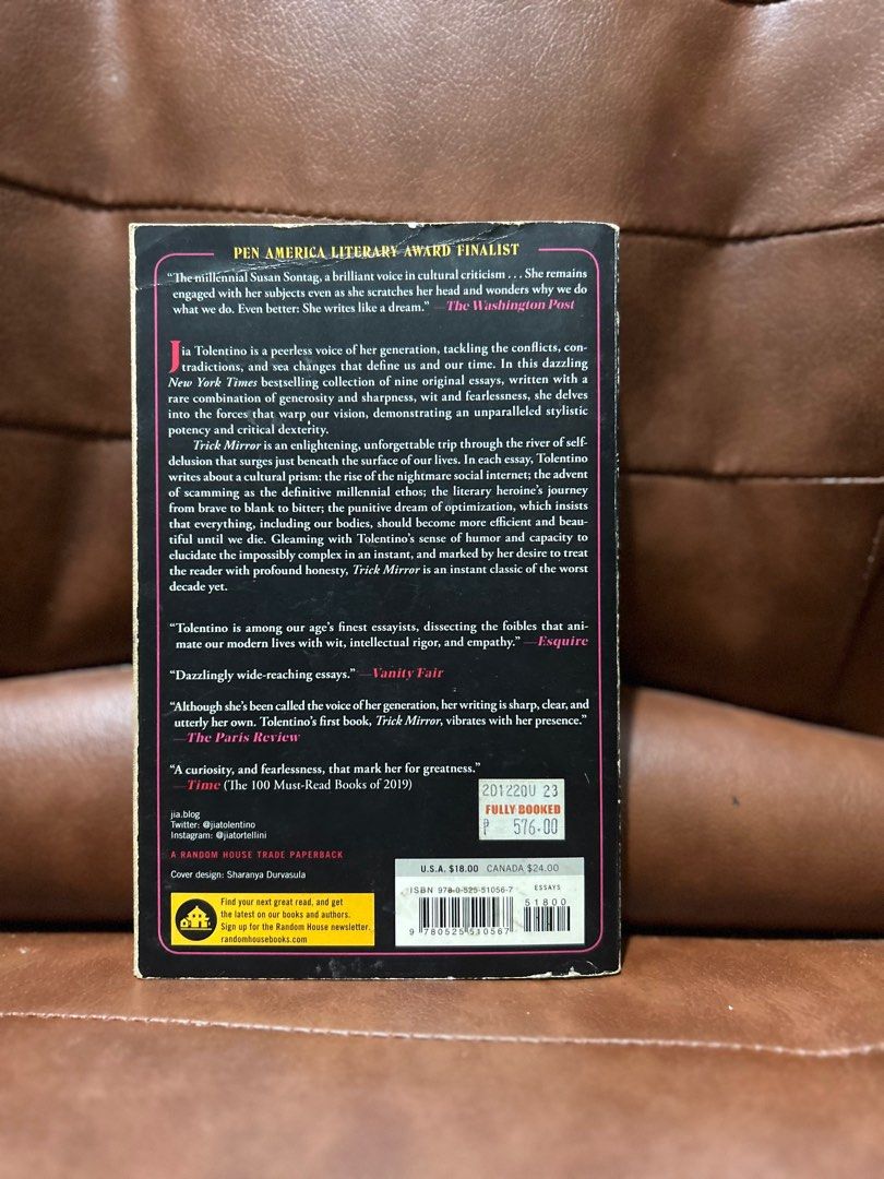 Trick Mirror by Jia Tolentino (Category: Storybooks) located in Quezon City. Submitted by loveduseditems (Listing ID 1385820857, Image 2). Description: Suuuuper coooool informative book love Jia Tolentino 🇵🇭 Bought this for around ₱576 from Fully Booked .