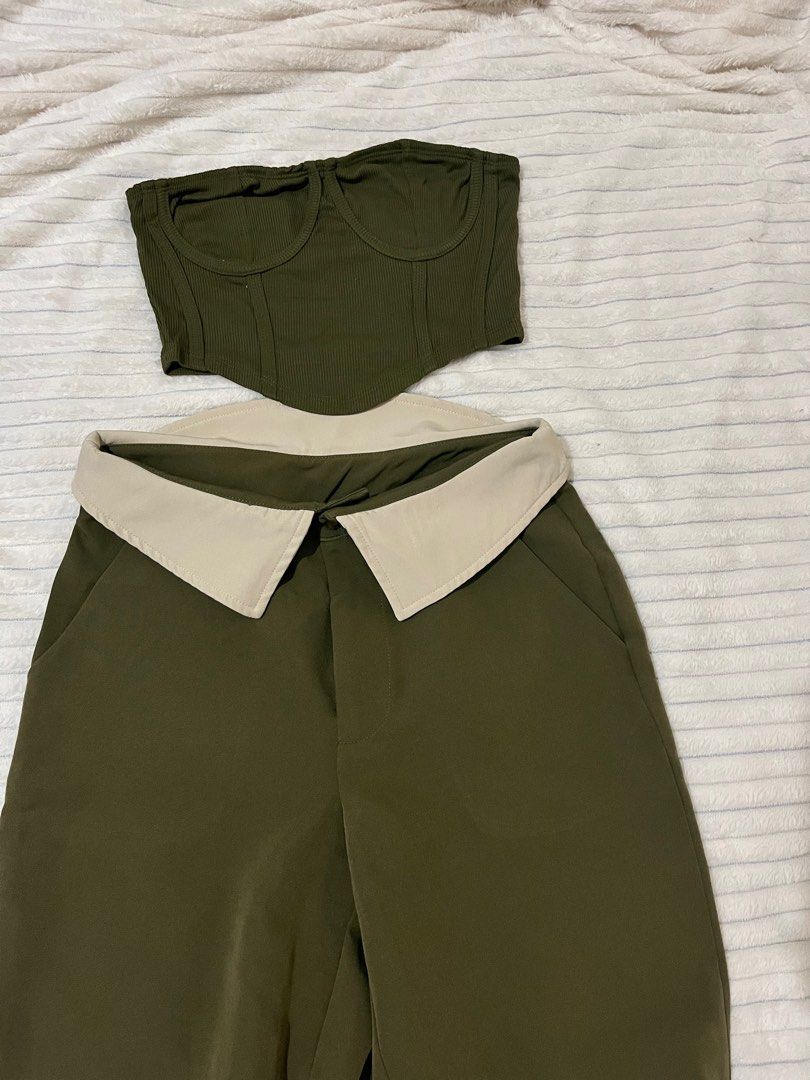 green set coordinates (Category: Sets or Coordinates) located in Cavite. Submitted by vantebles (Listing ID 1386158448, Image 3). Description: original price: ₱800+ top: L: 6in ; 8.5in middle W: 12in bottoms: L: 36in W: 13in .