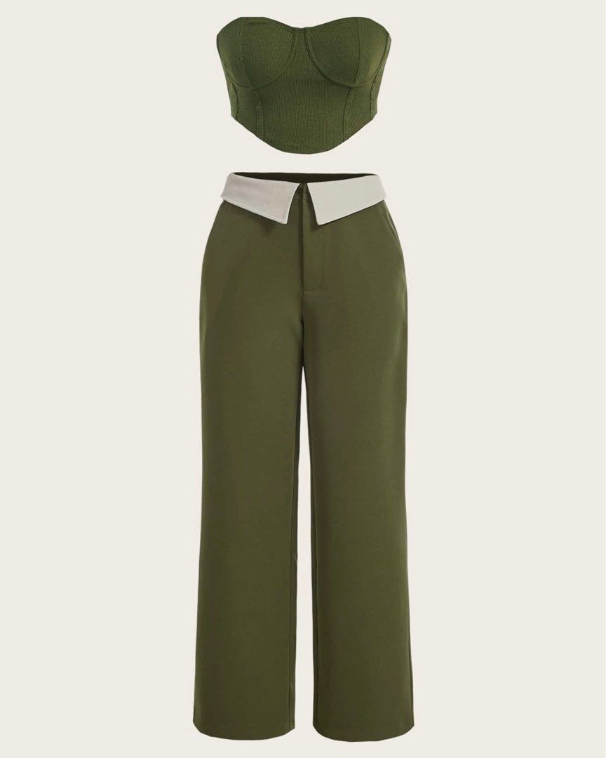 green set coordinates (Category: Sets or Coordinates) located in Cavite. Submitted by vantebles (Listing ID 1386158448, Image 1). Description: original price: ₱800+ top: L: 6in ; 8.5in middle W: 12in bottoms: L: 36in W: 13in .