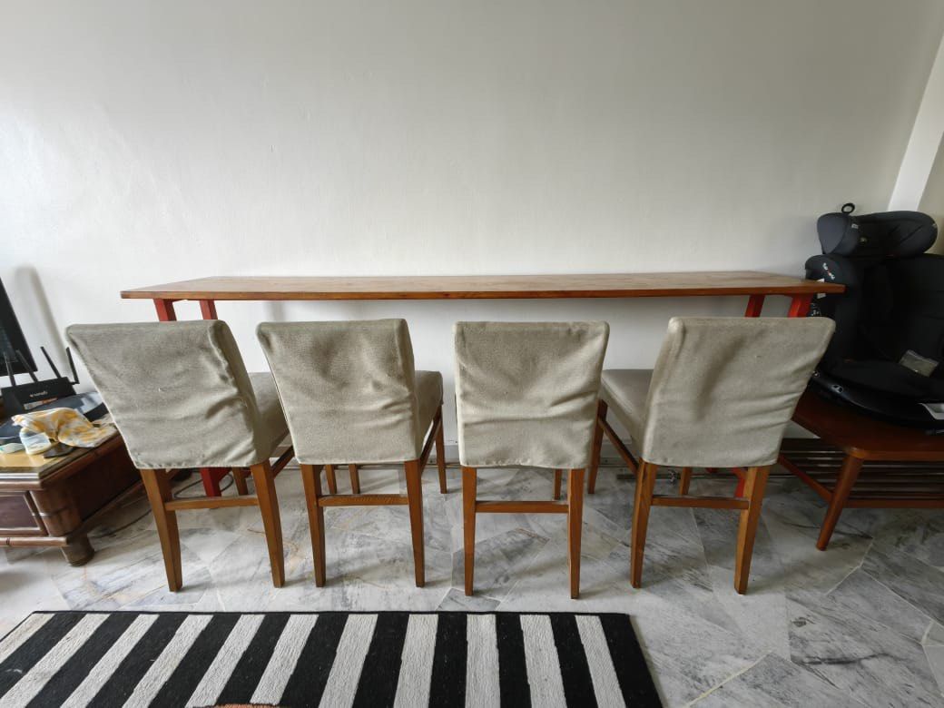 High solid wood bar table with chairs (Category: Tables & Sets) located in Ampang. Submitted by tirazain (Listing ID 1386053708, Image 3). Description: High custom solid wood bar table with chairs to let go. Both table and chairs are custom made. Material is solid wood. Lightly used. Price to let go is RM 650.