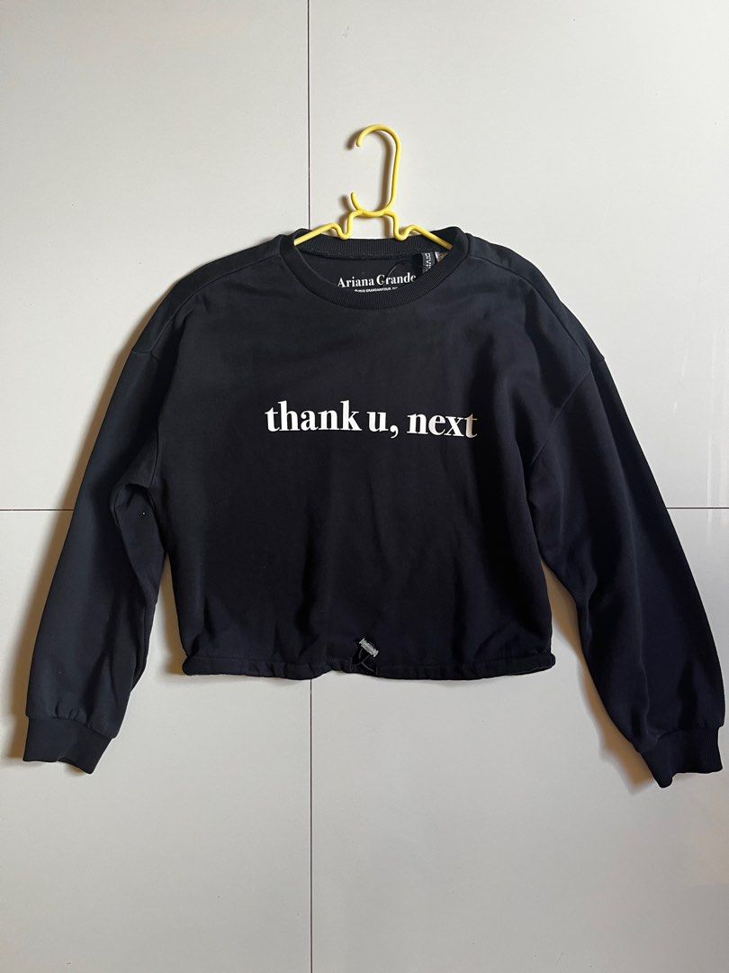 H&M “Thank u, next - AG” Sweater (Category: Longsleeves) located in Tacloban City. Submitted by priv_ (Listing ID 1386031944, Image 1). Description: H&M Arianna Grande “thank u, next” cropped sweater No flaws Size XS- S Mop: Gcash Loc: Tacloban City ₱400+sf.