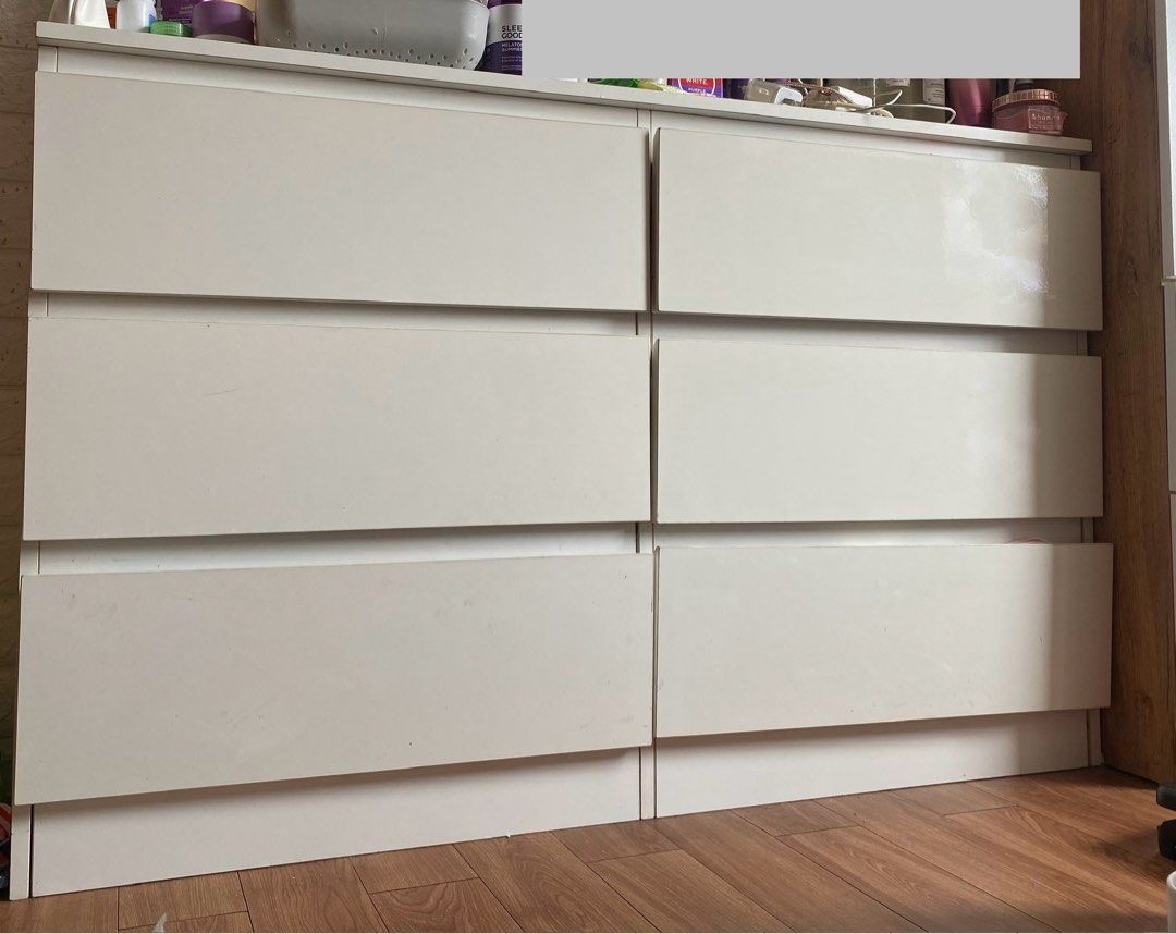 Ikea inspired MALM 6-drawer dresser (customized) (Category: Shelves, Cabinets & Racks) located in Manila. Submitted by asiantie (Listing ID 1386054448, Image 1). Description: I had this customized. Size is in INCHES not CM Flaws: has crack lang ng small sa taas pero kaya naman takpan kapag may ipapatong or lalagyan ng mat. Has stains also but can be cleaned naman. Still white, not like others na naninilaw. Although this cannot be dismantled when 