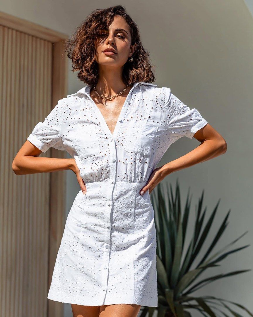 Kookai white embroidery cotton linen blend shirt dress, Women's Fashion,  Dresses & Sets, Dresses on Carousell