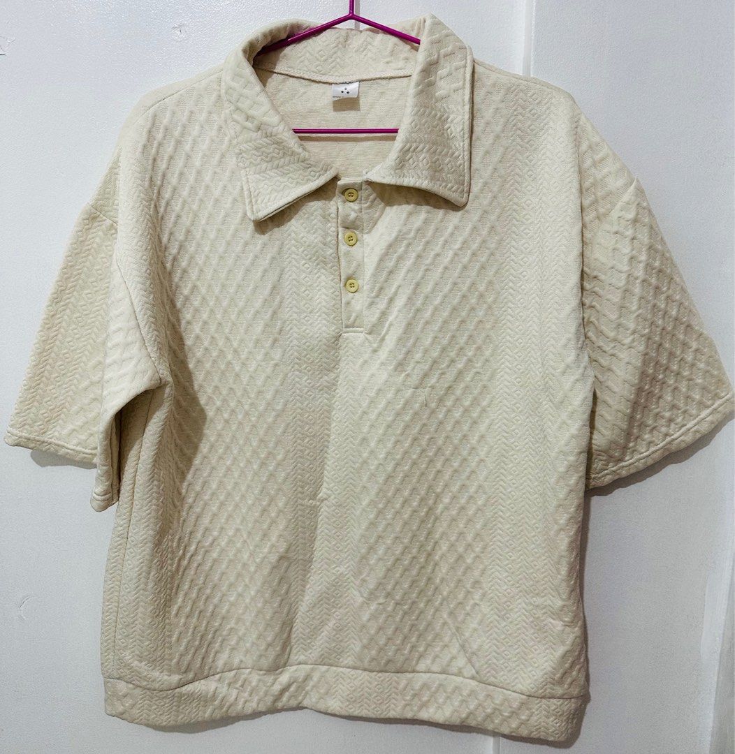 SHEIN Cream Polo Shirt (Category: Coats, Jackets and Outerwear) located in Taguig. Submitted by leggau (Listing ID 1386183978, Image 1). Description: RFS: Decluttering Issue: None Fixed and last price!.