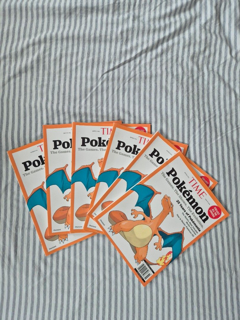 Charizard (Category: Magazines) located in Singapore. Submitted by alsonlow999999 (Listing ID 1386097255, Image 1). Description: - TIME magazines featuring Charizard Pokémon. - Each magazine commemorates 25 years of Pokémon. - In good condition. - Perfect for collectors and Pokémon fans. - $59 each.
