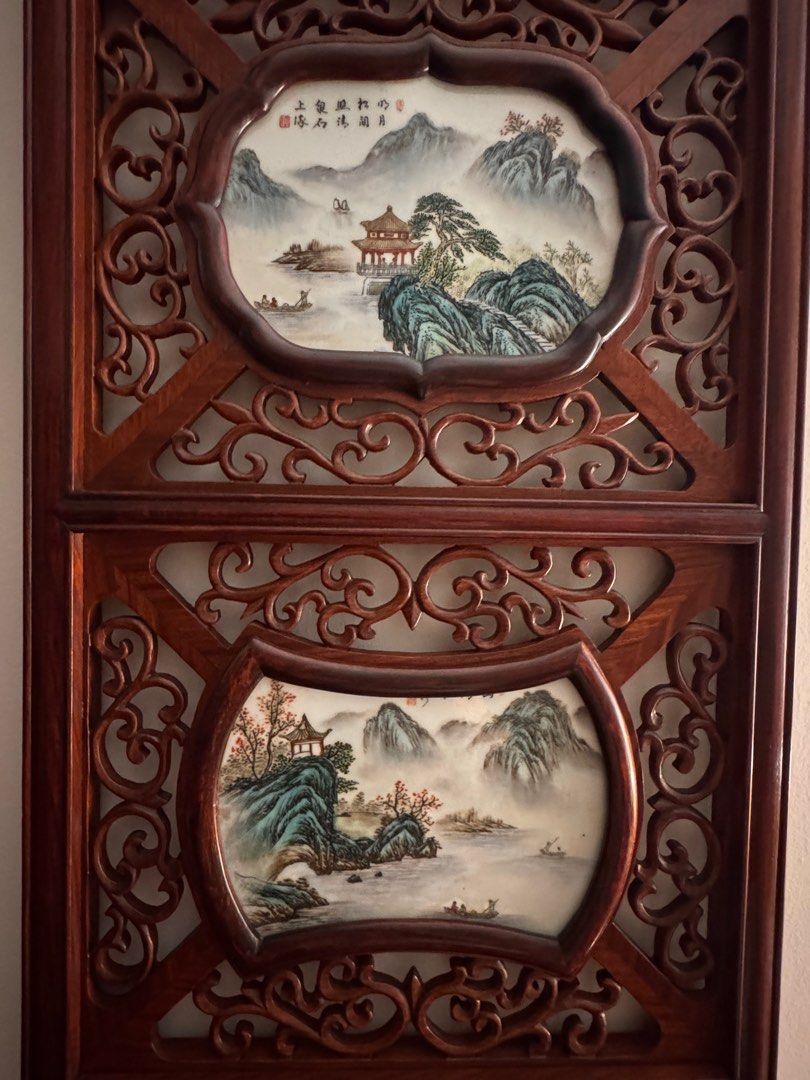 Antique Vintage Chinese Rose Wood Wall Panel with Landscape Painting ...