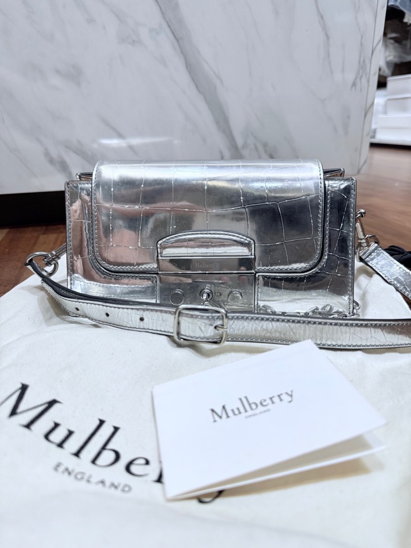 💯 Authentic MULBERRY RARE SMALL SILVER PEMBROKE MIRROR CROC PRINT BAG