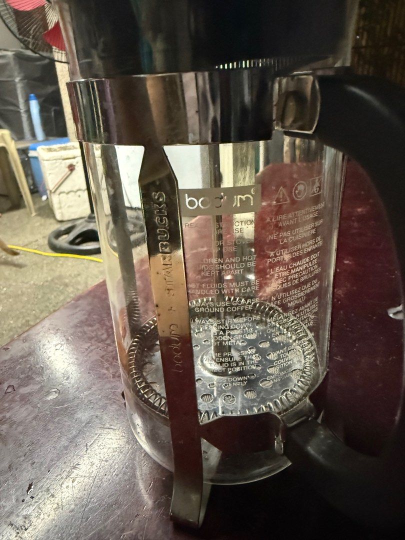 Bodum + Starbucks French Press (Category: Coffee Machines & Makers) located in San Juan, La Union. Submitted by nicaaas (Listing ID 1386355107, Image 3). Description: Original Price Php 2,295 Stainless stell 8 cup french press Stainless steel mesh filter included.