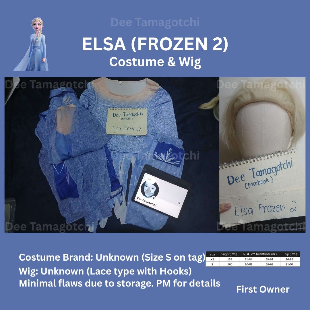 Elsa Frozen 2 Costume with Wig (Category: Evening dresses & gowns) located in Manila. Submitted by deedreams (Listing ID 1386357438, Image 1). Description: Elsa (Frozen 2) Inclusions: Costume - Unknown brand (Size S) & Wig - Unknown brand (Lace type with hooks) Location: Taguig | MOP: Gcash/GoTyme | MOD: LBC/Lalamove/Grab Will wash the costumes before shipping! PM.