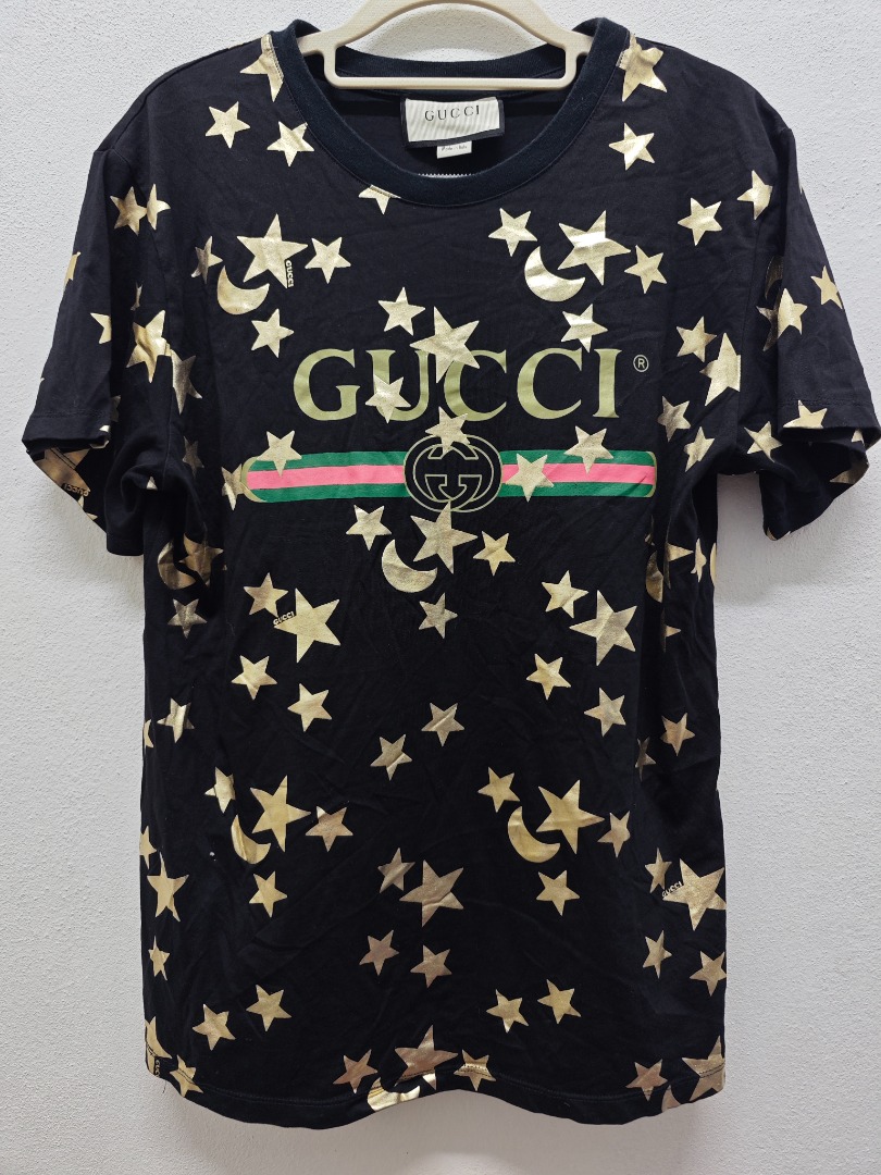 GUCCI Black Tee with Gold Star Moon Print Men #39 s Fashion Tops Sets