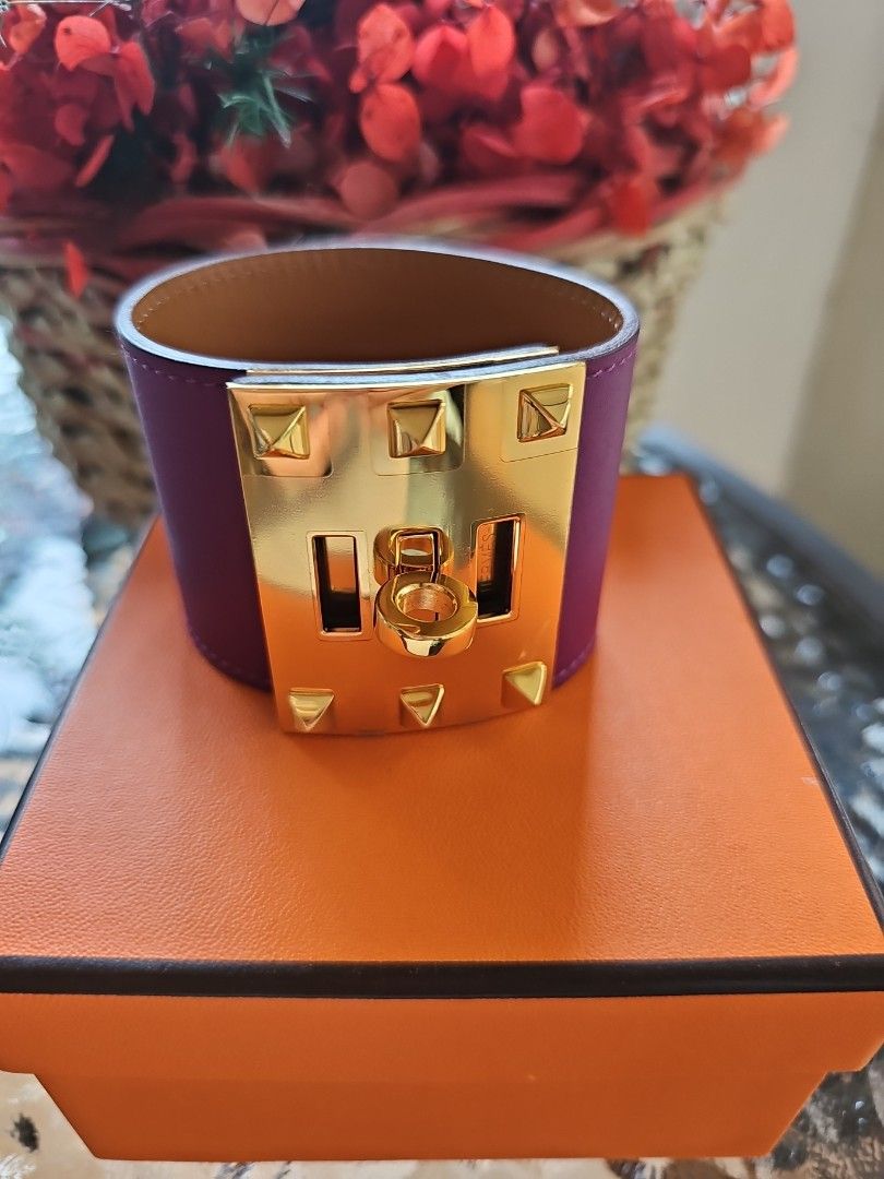 Hermes Kelly dog cuff purple (Category: Luxury Accessories) located in Paranaque City. Submitted by cruisefufi (Listing ID 1386275820, Image 1). Description: Authentic new kelly dog cuff purple (size S small)in Palladium hardware with box and dustbag size: 5cm arm circumference 16-19 cm adjusts up to 3 locks.