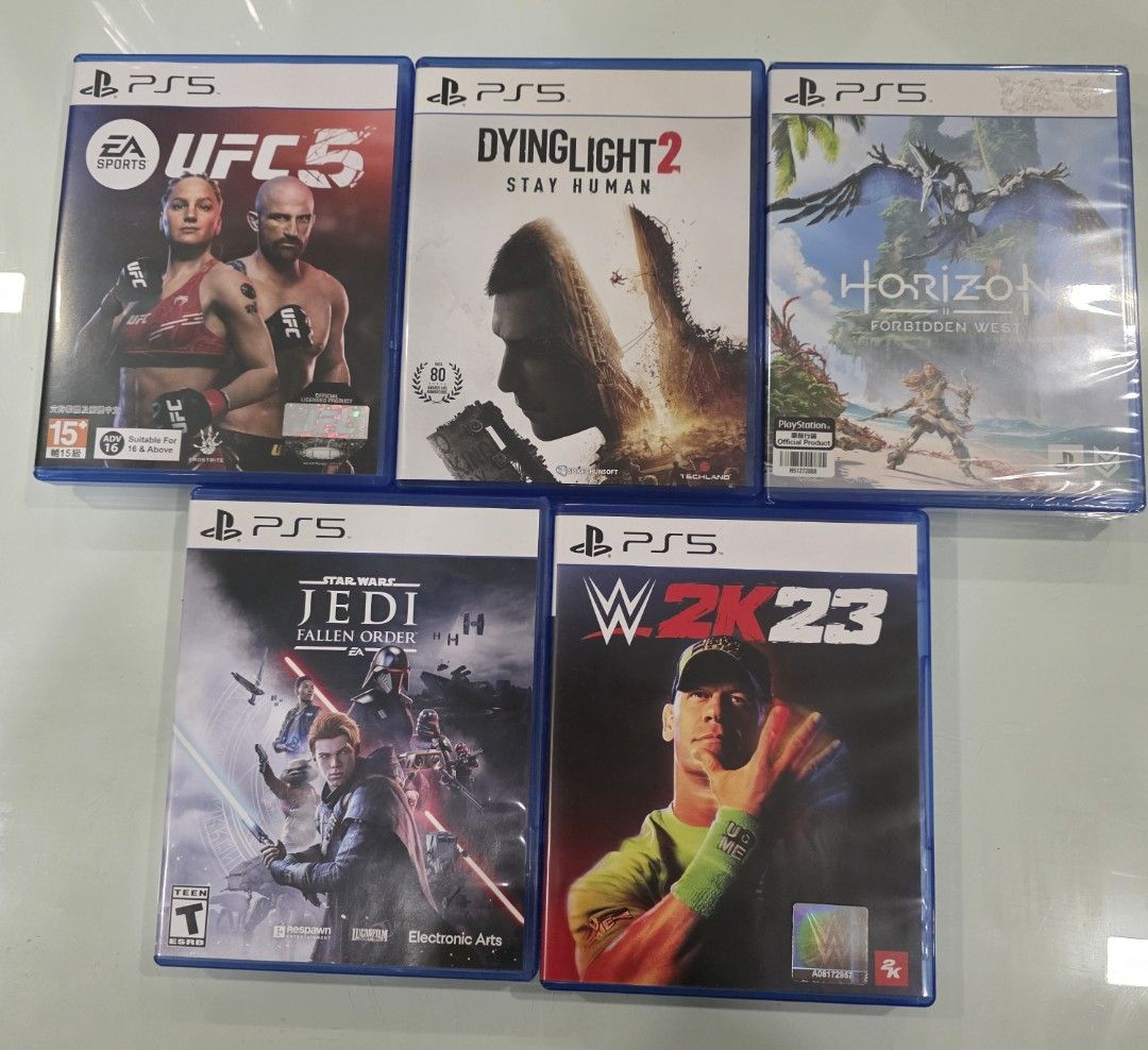 PS5 Games (Category: PlayStation) located in Taguig. Submitted by amazingjyc (Listing ID 1386364487, Image 1). Description: Bundled 5 games 1. Horizon Forbidden West (Sealed) 2. Dying Light 2 3. UFC 5 4. W2K23 5. Star Wars Jedi Fallen Order All original and in good condition. 1st owner. RFS: Finished playing..