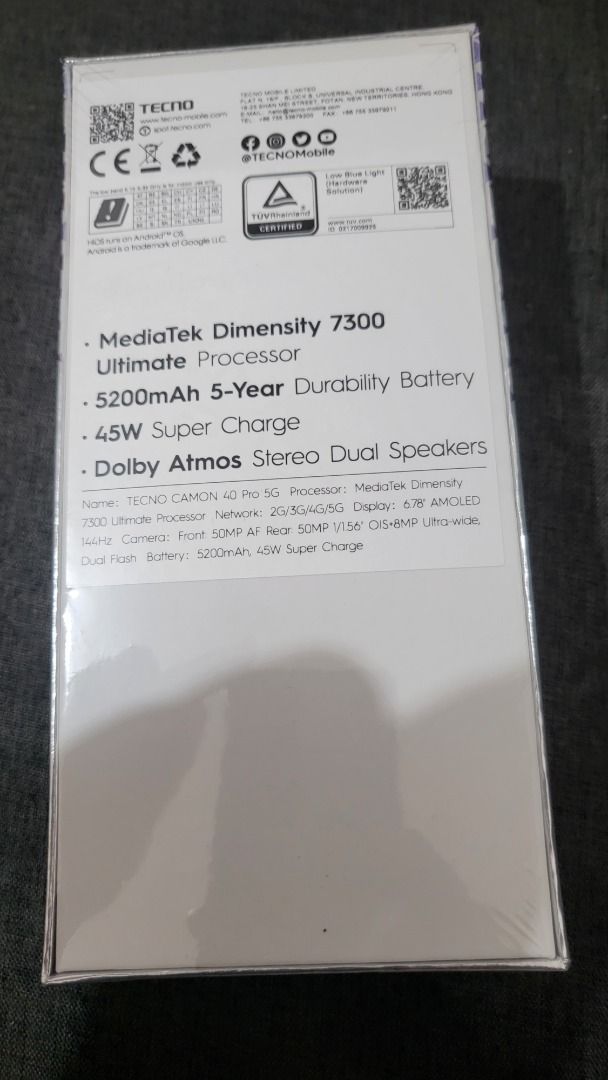 Rush! brand new tecno camon 40 pro 5g (Category: Android Others) located in Las Pinas. Submitted by mikko.gomez (Listing ID 1386260649, Image 2). Description: For sale rush tecno camon 40 pro 5g brand new sealed, ikaw mismo magbubukas Color: Galaxy Black THE BEST MIDRANGE CAMERA PHONE! Specs: 6.78" Amoled curved display 144hz Dimensity 7300 Ultimate 5G Processor 50MP Sony LYT-700C Camera 8+8GB RAM 256GB Storage UFS 2.X 5200mah battery (45W Super 