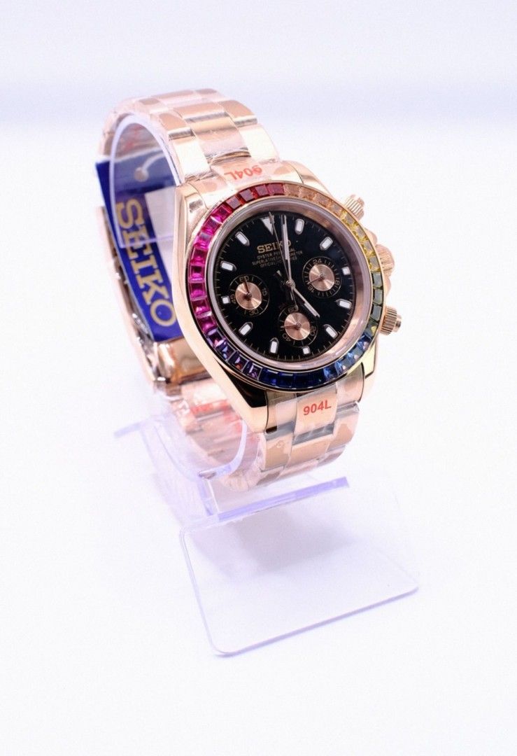 Seiko Mod Daytona Rainbow RoseGold (Category: Luxury Watches) located in Manila. Submitted by rafael_lesaguis (Listing ID 1386334710, Image 2). Description: BRANDNEW PRE ORDER Seiko Mod Daytona RoseGold Rainbow Movement: Seiko VK63 Mecha-Quartz Chronograph with working subdials Case and Strap: 39mm 904L Stainless Oyster RG Strap Dial: Seiko logo/Daytona Dial Glass: Sapphire scratch resistant Hands: Daytona Dial Seals and gaskets lubricated Inclus
