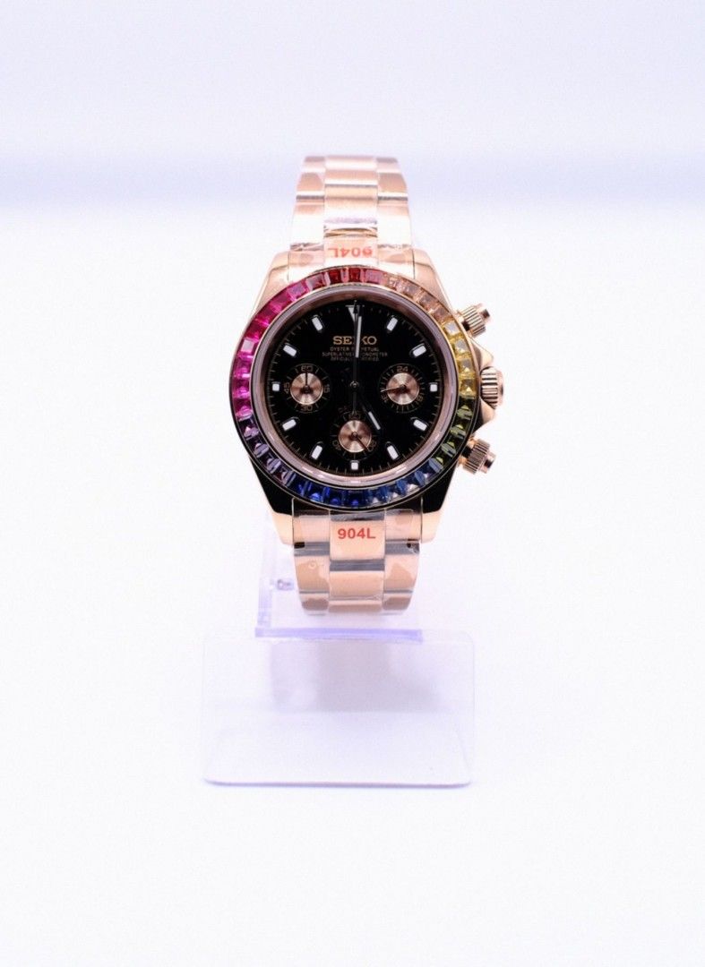 Seiko Mod Daytona Rainbow RoseGold (Category: Luxury Watches) located in Manila. Submitted by rafael_lesaguis (Listing ID 1386334710, Image 1). Description: BRANDNEW PRE ORDER Seiko Mod Daytona RoseGold Rainbow Movement: Seiko VK63 Mecha-Quartz Chronograph with working subdials Case and Strap: 39mm 904L Stainless Oyster RG Strap Dial: Seiko logo/Daytona Dial Glass: Sapphire scratch resistant Hands: Daytona Dial Seals and gaskets lubricated Inclus