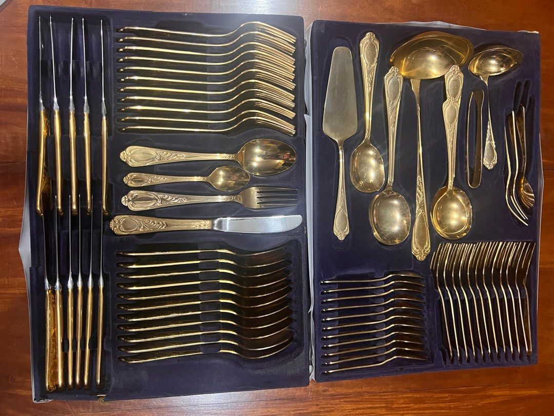 AUTHENTIC 72pcs SOLINGEN 23-24k gold cutlery set (Category: Dinnerware & Cutlery) located in Caloocan City. Submitted by orlyspreloved (Listing ID 1386510393, Image 1). Description: Kept it on display never been used.