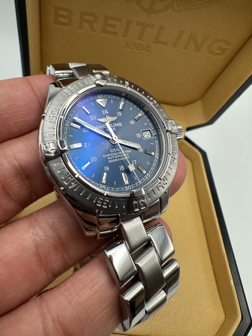 Breitling Colt Automatic Chronometer Deep Blue Dial COMPLETE BOX AND PAPERS (Category: Luxury Watches) located in Manila. Submitted by rj_authenticwatchesandmore (Listing ID 1386583273, Image 3). Description: ‼️Breitling Colt Automatic‼️ ✅Deep Blue Dial ✅Sapphire Crystal with AR coating both sides ✅Excellent used condition Dial 9.8/10 (small patina gold sunburst near center, common on blue dials) Case and bracelet 9.5/10 ✅Unit, inner and outer bo