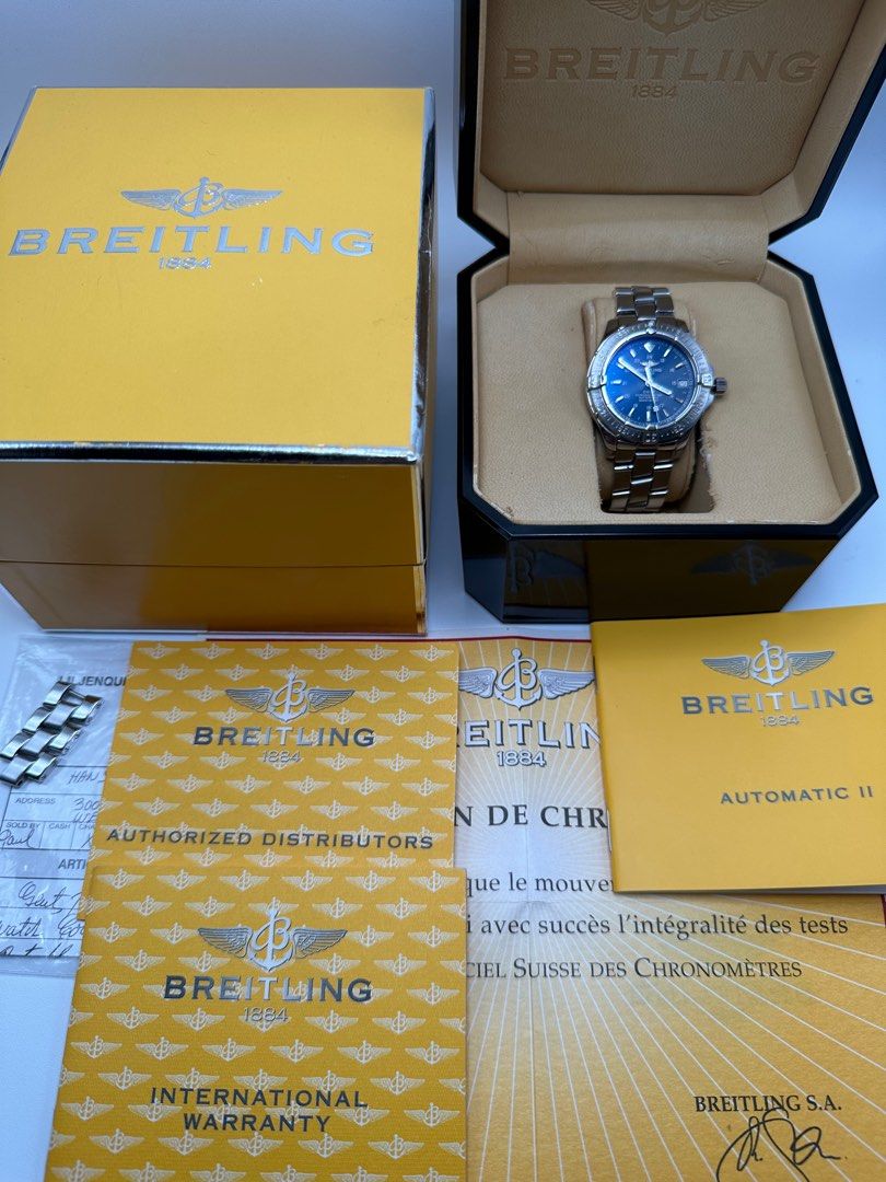 Breitling Colt Automatic Chronometer Deep Blue Dial COMPLETE BOX AND PAPERS (Category: Luxury Watches) located in Manila. Submitted by rj_authenticwatchesandmore (Listing ID 1386583273, Image 2). Description: ‼️Breitling Colt Automatic‼️ ✅Deep Blue Dial ✅Sapphire Crystal with AR coating both sides ✅Excellent used condition Dial 9.8/10 (small patina gold sunburst near center, common on blue dials) Case and bracelet 9.5/10 ✅Unit, inner and outer bo