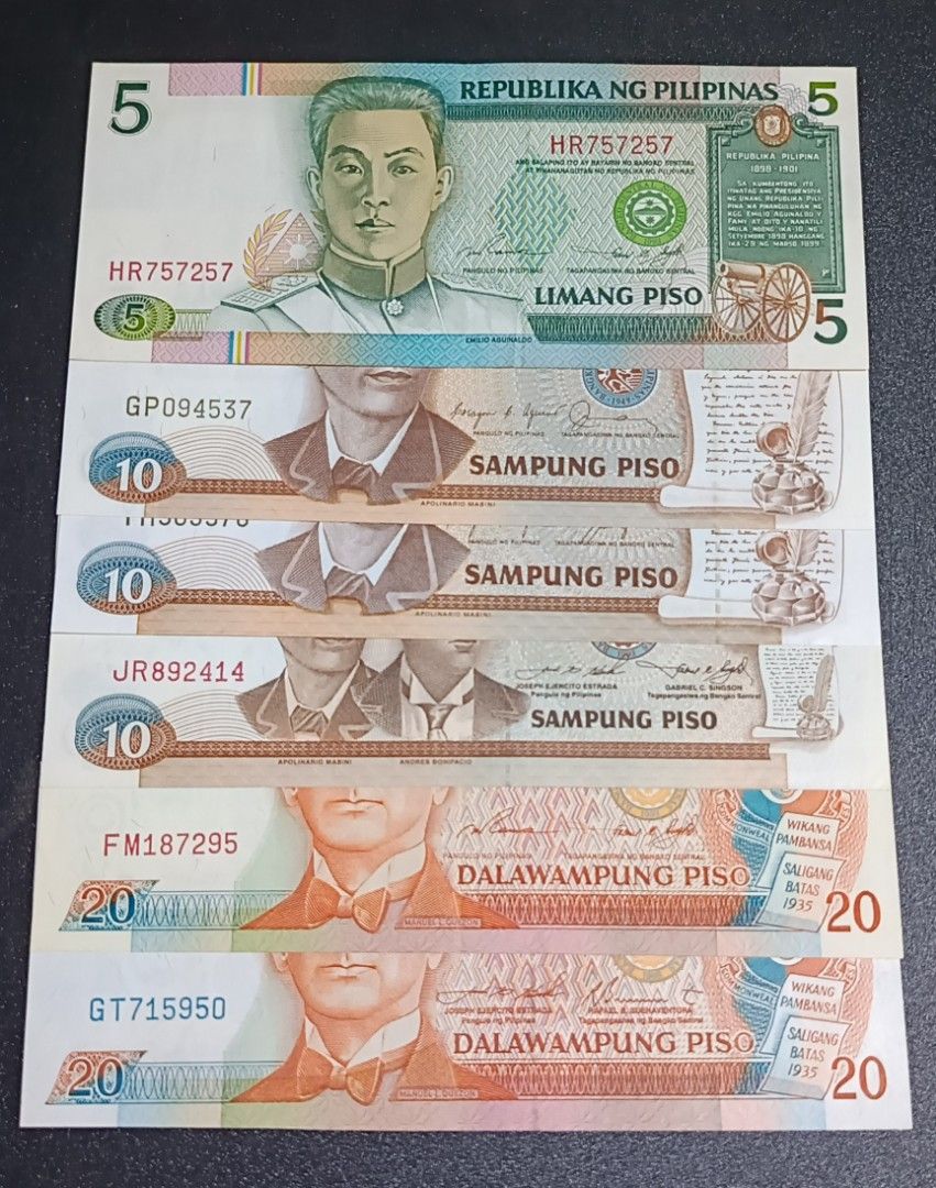 Bsp series old bills, demonetized. 5,10,20 (Category: Currency) located in Manila. Submitted by francoins (Listing ID 1386402046, Image 1). Description: bsp series banknotes all crispy unc pls. check serials and signatures..