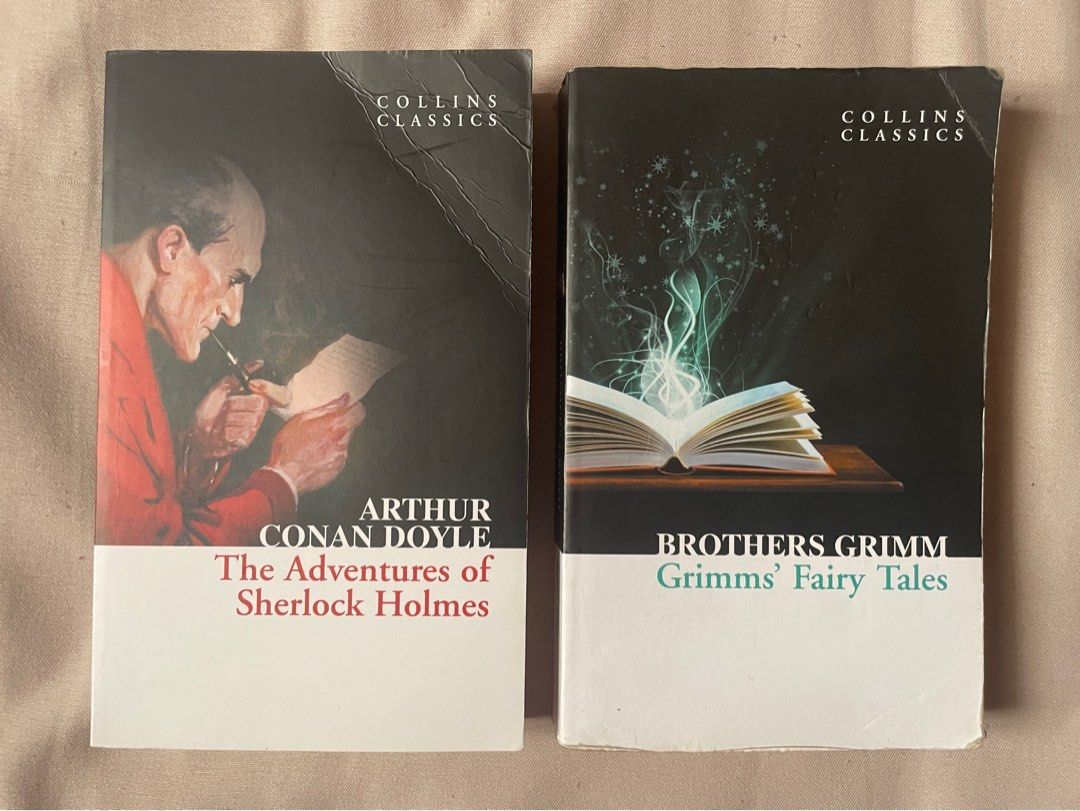 Collins Classics Bundle | Sherlock Homes and Brothers' Grimm (Category: Storybooks) located in Manila. Submitted by sorianoes (Listing ID 1386444793, Image 1). Description: - Visible flaws: Wear on covers, dusted, yellowed pages MOP: Maya, Seabank, GoTyme MOD: Lalamove (Buyer shoulders SF).