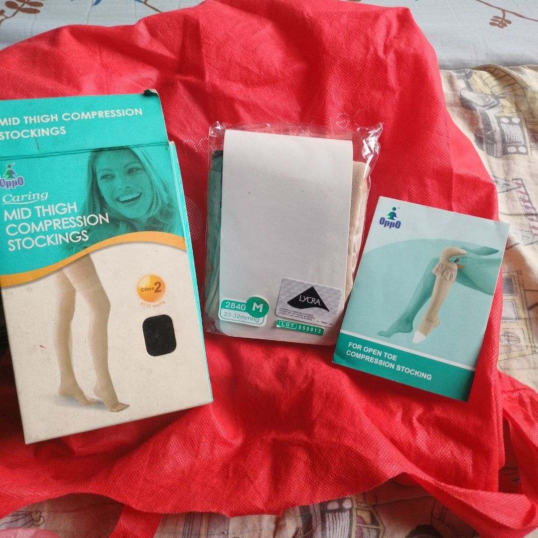 Compression Stockings (Category: Foot Care) located in Pasig City. Submitted by hapibibiness (Listing ID 1386503609, Image 2). Description: Bought the wrong size at a mall and lost the receipt so was not able to have it changed Branded and original Oppo prevention and aids moderate to severe varicose veins size medium / mid thigh Lycra and nylon 23-32 mmHG.