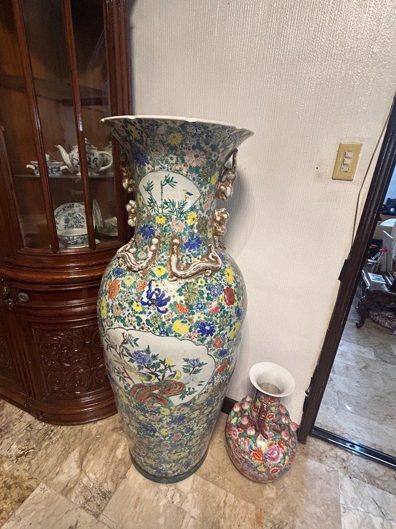 floral vase (banga) set (Category: Vases & Decorative Bowls) located in Quezon City. Submitted by prettyches (Listing ID 1386451417, Image 2). Description: floral vase (banga) set ₱10,000 4 items in total biggest vase: approx. 56" (4ft and 8in) height and 24" width medium sized vase: 45" (3ft and 9in) height 2 small vases: each 21" (1ft and 9in) height **needs cleaning / has a few defects.