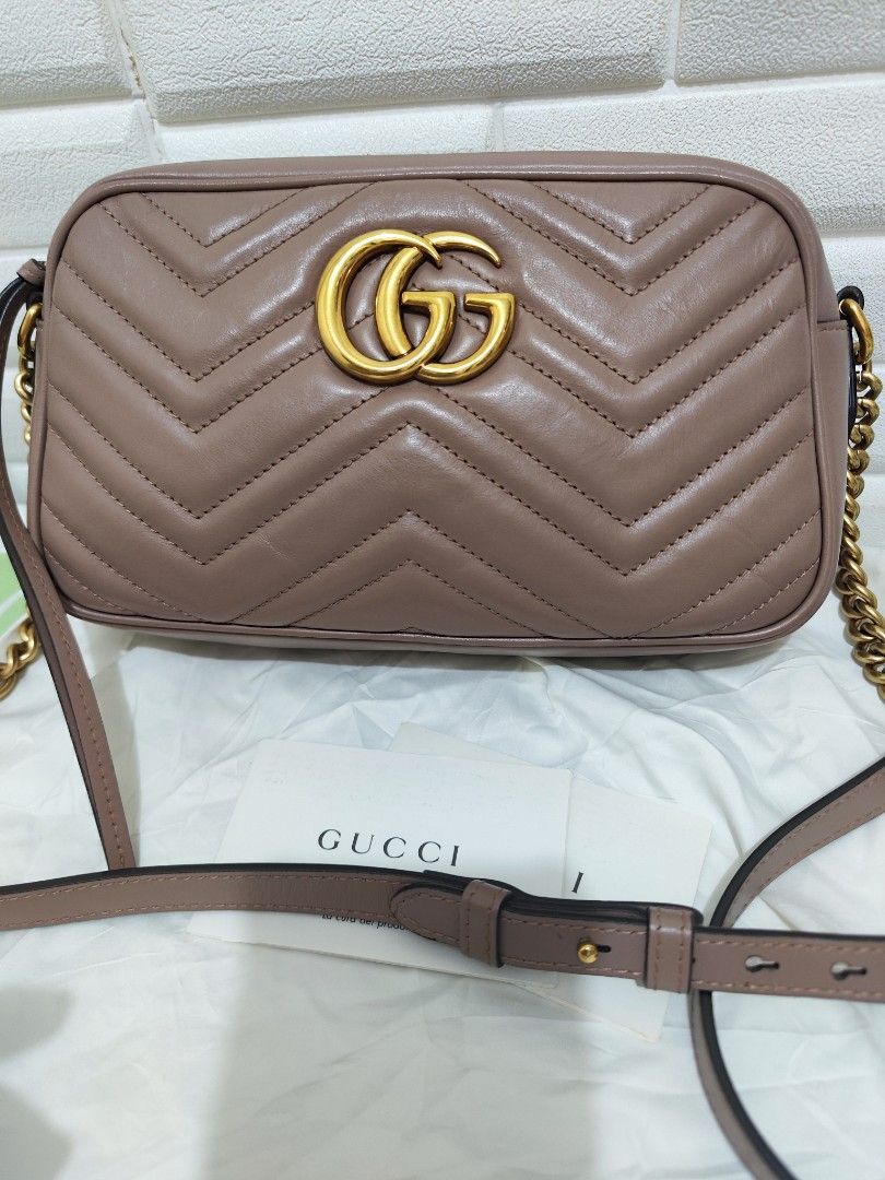 Gucci marmont small camera bag (Category: Luxury Bags & Wallets) located in Pasig City. Submitted by purpleglitters (Listing ID 1386463555, Image 2). Description: color: dusty pink actual pics posted with authenticity card and dust bag pm for faster transaction send me your offer.