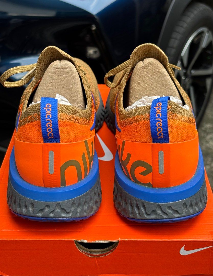 Nike Epic React Flyknit “Mowabb” US 11 (Category: Sneakers) located in Quezon City. Submitted by d.r.i. (Listing ID 1386516372, Image 3). Description: Nike Epic React Flyknit “Mowabb” ✅ Size: US 11 / UK 10 / EUR 45 / CM 29 ✅ Condition: 9.5/10 – worn only 3×, very clean, minimal signs of wear, no sole seps, no issues ✅ With Original Box: Yes ✅ Colorway: Golden Beige / Racer Blue (“Mowabb”) 💡 Inspired by Nike ACG’s classic Air Mowabb from the ’90s