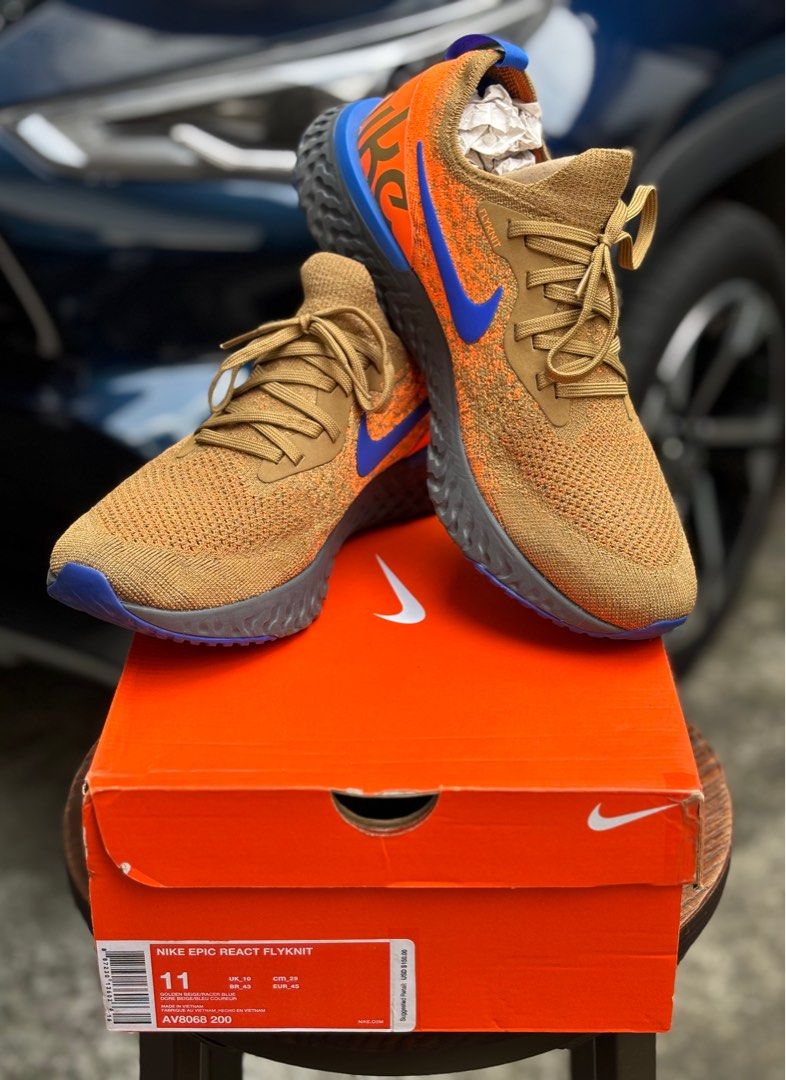 Nike Epic React Flyknit “Mowabb” US 11 (Category: Sneakers) located in Quezon City. Submitted by d.r.i. (Listing ID 1386516372, Image 1). Description: Nike Epic React Flyknit “Mowabb” ✅ Size: US 11 / UK 10 / EUR 45 / CM 29 ✅ Condition: 9.5/10 – worn only 3×, very clean, minimal signs of wear, no sole seps, no issues ✅ With Original Box: Yes ✅ Colorway: Golden Beige / Racer Blue (“Mowabb”) 💡 Inspired by Nike ACG’s classic Air Mowabb from the ’90s