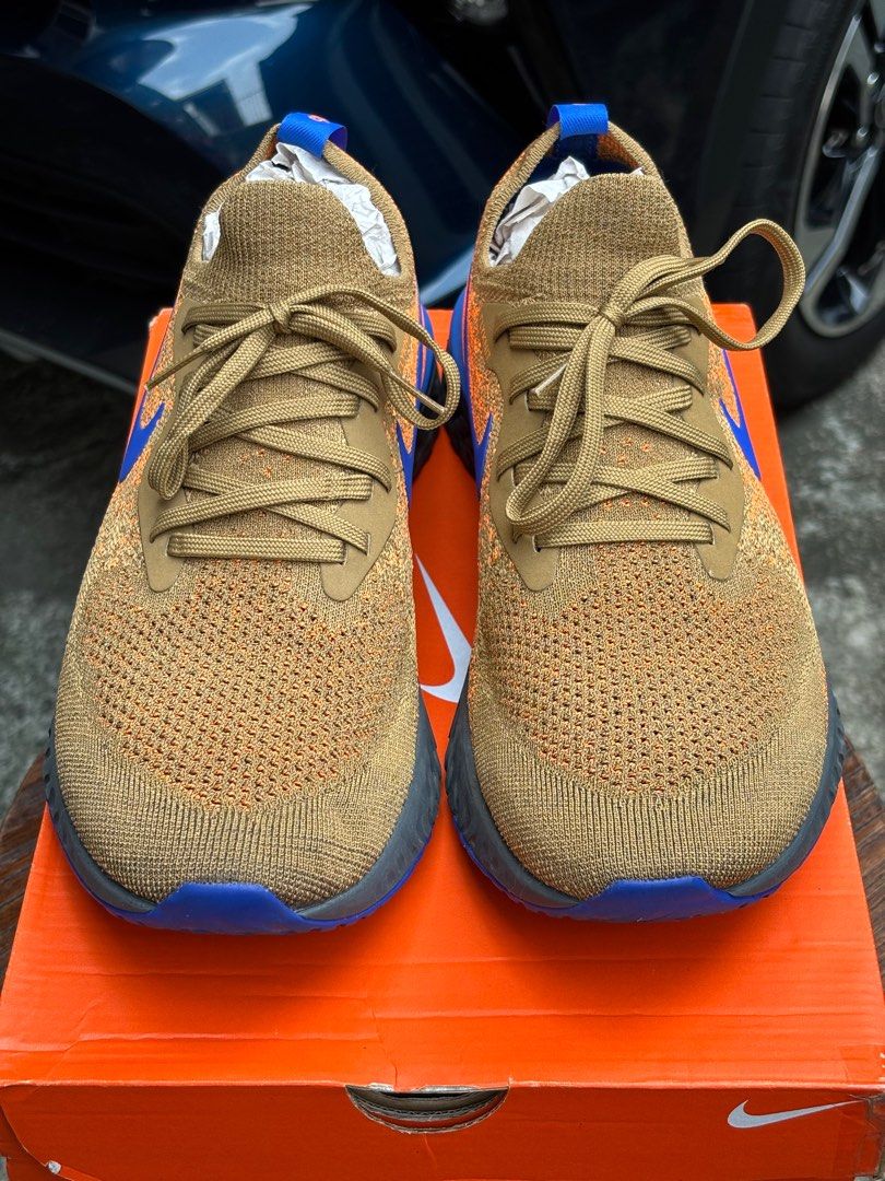 Nike Epic React Flyknit “Mowabb” US 11 (Category: Sneakers) located in Quezon City. Submitted by d.r.i. (Listing ID 1386516372, Image 2). Description: Nike Epic React Flyknit “Mowabb” ✅ Size: US 11 / UK 10 / EUR 45 / CM 29 ✅ Condition: 9.5/10 – worn only 3×, very clean, minimal signs of wear, no sole seps, no issues ✅ With Original Box: Yes ✅ Colorway: Golden Beige / Racer Blue (“Mowabb”) 💡 Inspired by Nike ACG’s classic Air Mowabb from the ’90s
