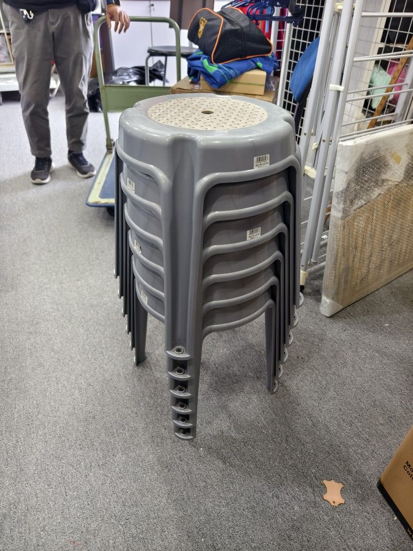 6pc set. Stackable Grey Plastic Stools (Category: Chairs) located in Singapore. Submitted by cwmlee1975 (Listing ID 1386524303, Image 1). Description: 6pc set, sold as is..