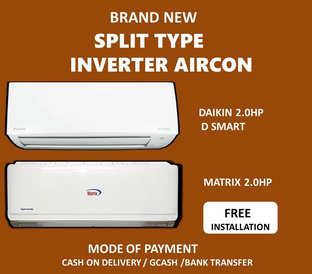 2.0HP Daikin D Smart & Matrix- Inverter Split Type Aircon (Category: Air Conditioning and Heating) located in Quezon City. Submitted by jhenjhenag71834 (Listing ID 1386686430, Image 1). Description: Brand New Air Conditioner – Various Brands & Models Available INCLUSIONS: ✔️ 10 ft. Copper Tube (Free) ✔️ 10 ft. Communication Wire (Free) ✔️ Standard Metal Bracket (Free) ✔️ 1 Length PVC Pipe (Free) WARRANTY: ✔️ 1-Year Warranty on Parts ✔️ 5-Year War