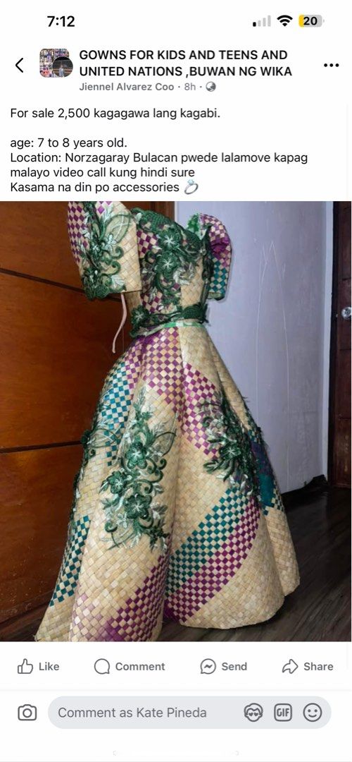 Filipiana (Category: Babies & Kids Fashion) located in Manila. Submitted by kate_declutterr (Listing ID 1385854285, Image 3). Description: Filipiana costume for sale Since the item was just piled up in storage, there might be some minor issue or sign of usage with it now. Size: 6-7years old petite .