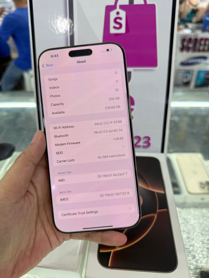 iphone 16 pro max 256gb dual sim good as new (Category: iPhone 16 Series) located in Cainta. Submitted by vine_gadget_shop (Listing ID 1386607770, Image 3). Description: iphone 16 pro max 256gb dual sim good as new complete package hk variant warranty until october 2025 pick up store greenhills shopping center we accept trade in we accepy credit card and ggives installment we do cod and door to door we ship nationwide for fast transaction call 09