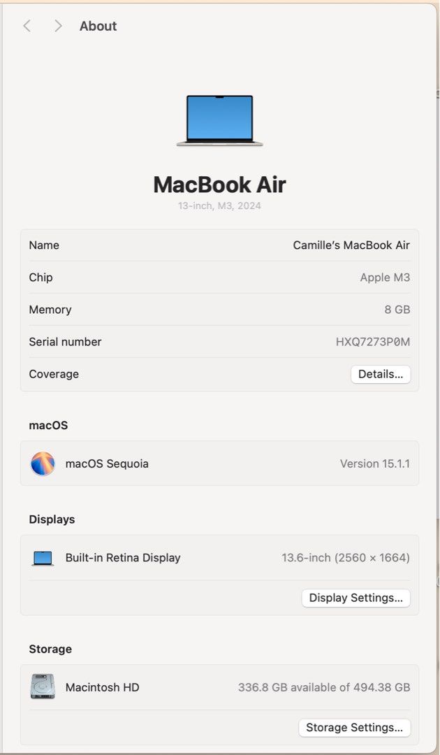 Macbook Air M3 (Category: Laptops & Notebooks) located in Quezon City. Submitted by camillealisonlim (Listing ID 1386599926, Image 3). Description: Macbook Air M3. 516 Memory. Starlight. Bought in Podium late last year. Reason for selling: company gave company computer. Original price when bought 80k. .