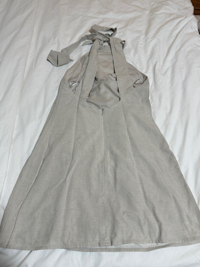 Mango halter top grey beige linen dress (Category: Dresses) located in Taguig. Submitted by ninsdeclutters (Listing ID 1386752263, Image 2). Description: Used only once for a quick photoshoot. Around 5k+ pesos in-store - NO WW.