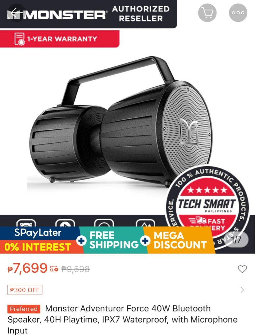 Monster Adventurer Force Bluetooth Speaker IPX7(SEALED) (Category: Soundbars, Speakers & Amplifiers) located in Manila. Submitted by 2025.gadgetspot (Listing ID 1386597713, Image 3). Description: Bluetooth 5.0 Speaker- can pair with almost any bluetooth device. it remembers the last device used, allowing easy reconnection. It supports micro SD card/USB input/AUX input/microphone input, more audio options to customize your favorite tunes. price st