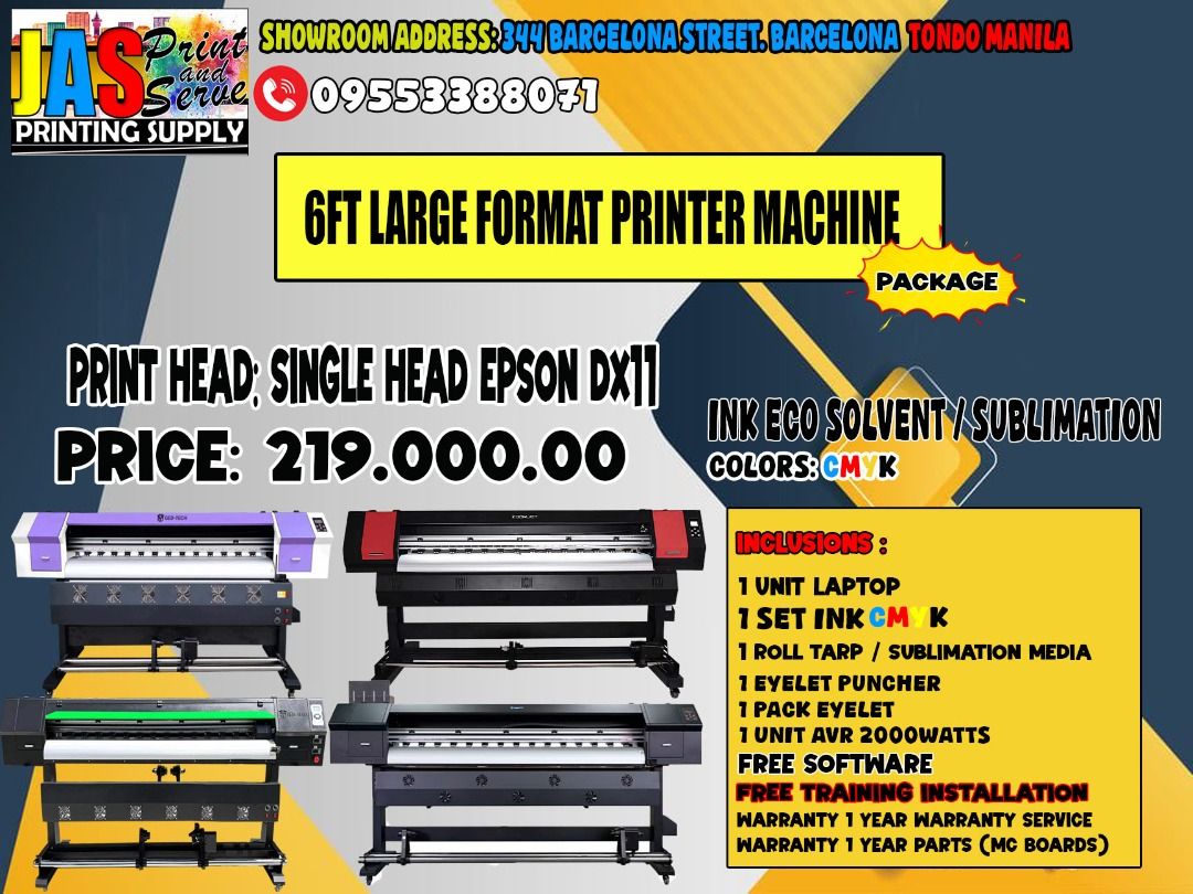 TARPAULIN PRINTER MACHINE ECO SOLVENT (Category: Printers, Scanners & Copiers) located in Manila. Submitted by melvinflor41363 (Listing ID 1386621095, Image 1). Description: 🖨️ BRAND NEW PRINTING MACHINES FOR SALE 💰 Price starts at Php 169,000 Top-quality machines for tarpaulin printing, sublimation, DTF, laser cutting, heat press, and more! 📦 Available Machines & Specifications: 🔹 Tarpaulin & Sublimation Printers Models: DX11 Single Head, DX