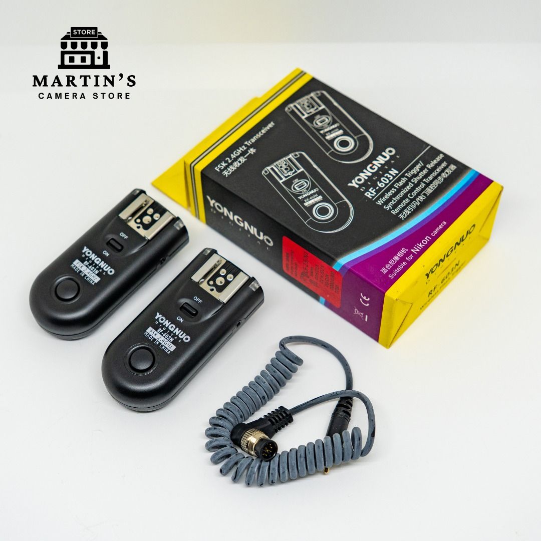 Yongnuo RF603N Wireless Flash Trigger (Nikon, Gen 1) – Excellent Condition (Category: Flashes) located in Manila. Submitted by martins.superstore (Listing ID 1385140471, Image 2). Description: Yongnuo RF603N Wireless Trigger (Gen 1 for Nikon) • Brand new / unused (confirm if opened) – Nikon version • Includes 2 transceivers + shutter release cable • 2.4 GHz wireless system with 16 channels, ~100 m range • Sync speed up to 1/320 s (manual flashes 