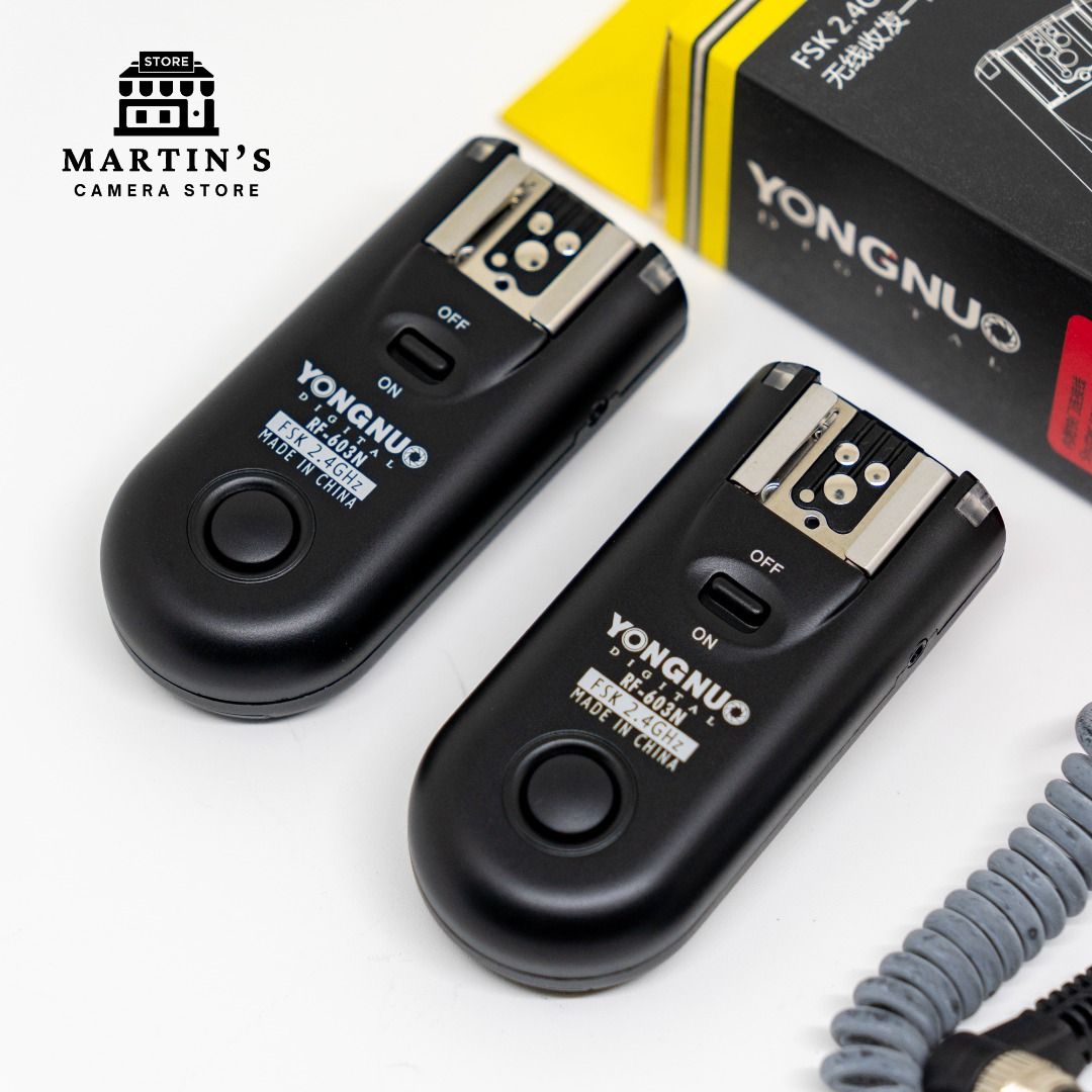 Yongnuo RF603N Wireless Flash Trigger (Nikon, Gen 1) – Excellent Condition (Category: Flashes) located in Manila. Submitted by martins.superstore (Listing ID 1385140471, Image 3). Description: Yongnuo RF603N Wireless Trigger (Gen 1 for Nikon) • Brand new / unused (confirm if opened) – Nikon version • Includes 2 transceivers + shutter release cable • 2.4 GHz wireless system with 16 channels, ~100 m range • Sync speed up to 1/320 s (manual flashes 