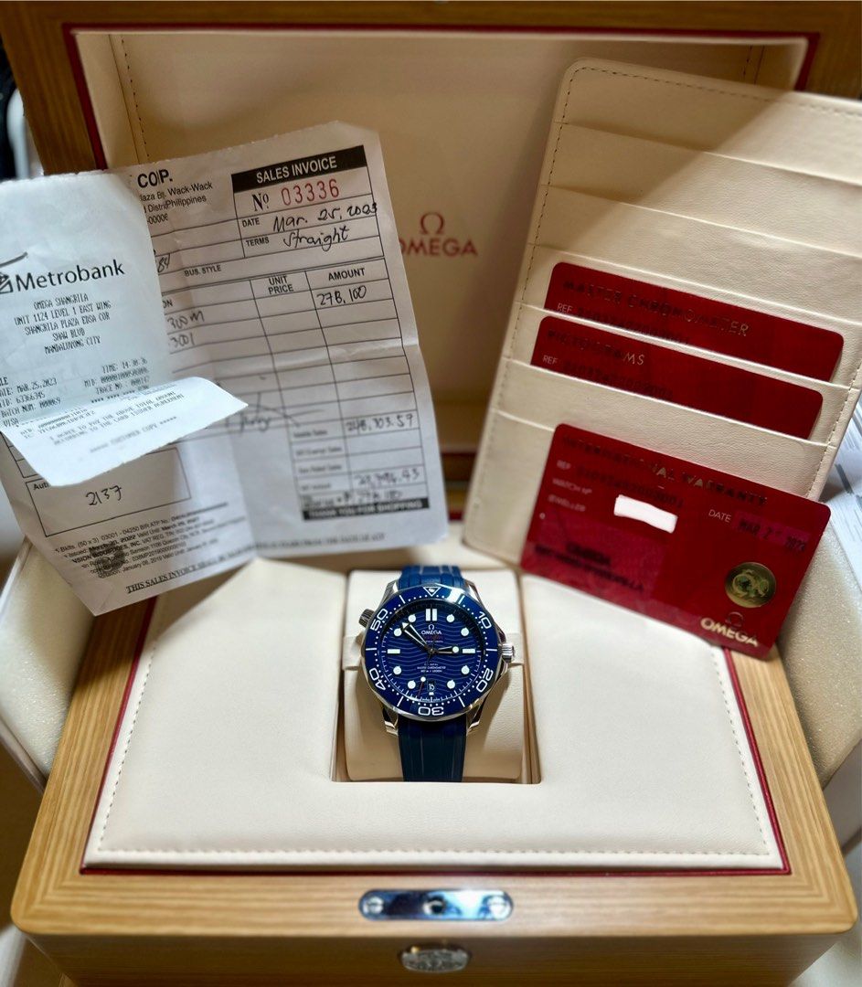 2023 Omega Seamaster Diver 300M (Category: Luxury Watches) located in Manila. Submitted by hourglassgalleryph (Listing ID 1386803451, Image 2). Description: For Sale/ Trade : 🏷️ ₱205k only! - still negotiable 2023 Omega Seamaster Diver 300M Ref no. 210.32.42.20.03.001 42mm Blue Wave Dial Brand New Condition 9.9/10 Local AD - Warranty until 2028 Complete Set w/ Purchase Receipt Open for Authentication. Guaranteed Authentic or Money Back. Meet ups