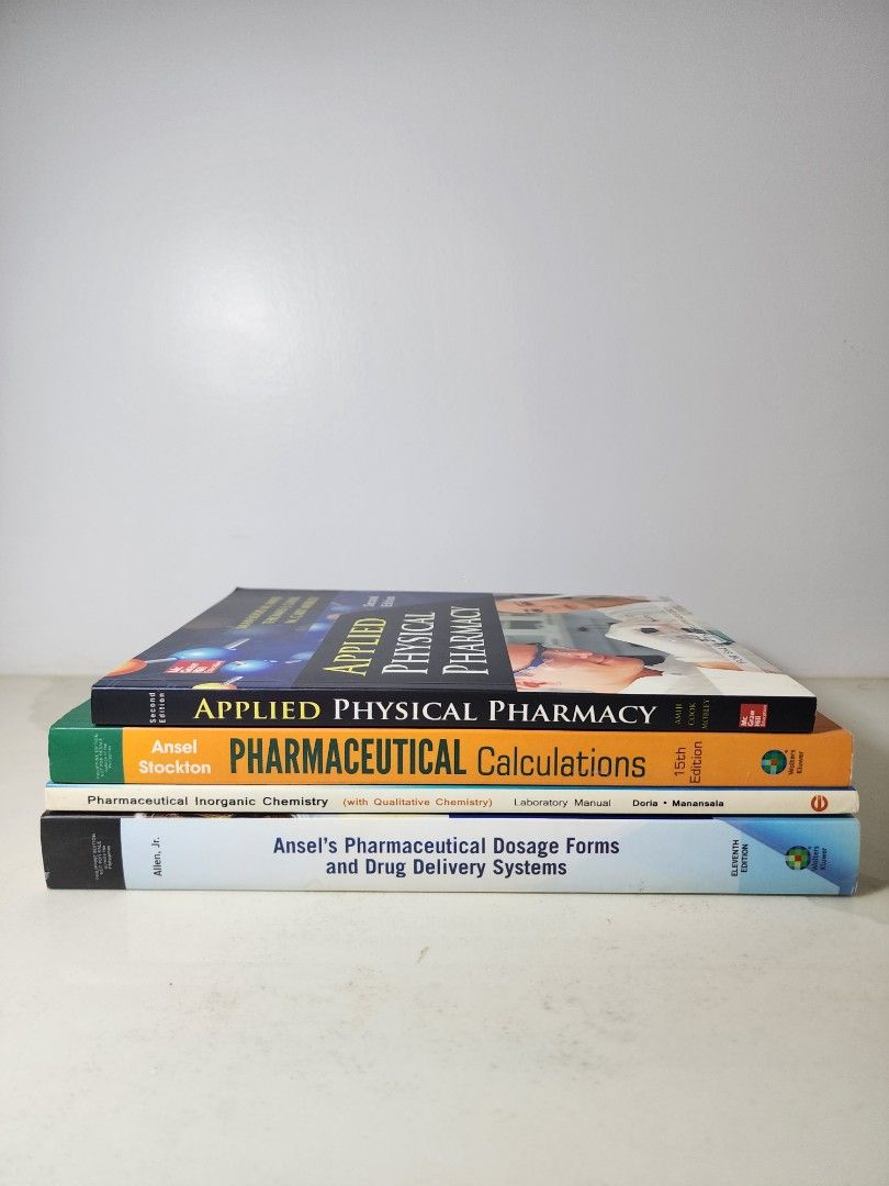 💊 PHARMA BOOKS (PRE-LOVED) Read description!! (Category: Textbooks) located in Manila. Submitted by jhmuy (Listing ID 1386899394, Image 1). Description: Negotiations encouraged (please be reasonable!); will entertain any questions pertaining to the product! 😁 PRE-LOVED! 🤩 (No markings and very minimal damage) 1. (SOLD) Ansel & Stockton - Pharmaceutical Calculations 15th Ed. = 850 2. Amiji, Cook, & Mobley - Applied Physical Pharmacy 2nd Ed. = 8