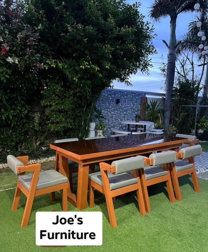DINING TABLE WITH TOP GLASS (Category: Tables & Sets) located in Mabalacat. Submitted by arlenemamangun01 (Listing ID 1386907407, Image 2). Description: DINING SET 😍 Made of Mahogany Woods 🪵 Comfort feels like our furniture. Don't think twice, choose us. ✨ ✅ Made to Order ✅ High Quality ✅ Lowest Price Guaranteed ✅ Free Delivery ✅ COD We also offer; — TV Rack Consoles, High Chair, Coffee Dining Table, Center Table, Bed Frames, Bedside Tables, Ro