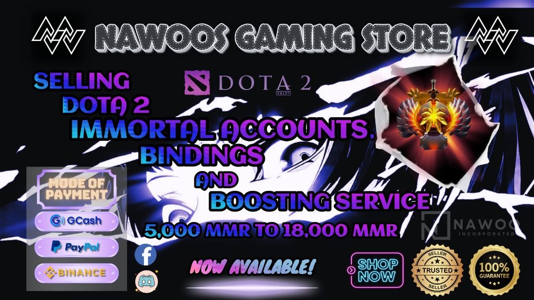 DOTA 2 - TOP RANK IMMORTAL ACCOUNTS (Category: Game Gift Cards & Accounts) located in Imus. Submitted by nawoo234 (Listing ID 1341028601, Image 1). Description: 🎮 NAWOOS GAMING STORE 💥 DOTA 2 ACCOUNTS & BOOSTING — SPEED. SECURITY. LEGIT. 🏆 1,500+ Players Served | 100% Direct Supplier | No Third-Party Sellers 🔥 OUR MAIN SERVICES • Main & Smurf Accounts – From 5K up to 16K+ MMR • Hidden MMR Binding – 6K–7.5K Range • MMR Boosting – Up to 16K (Al