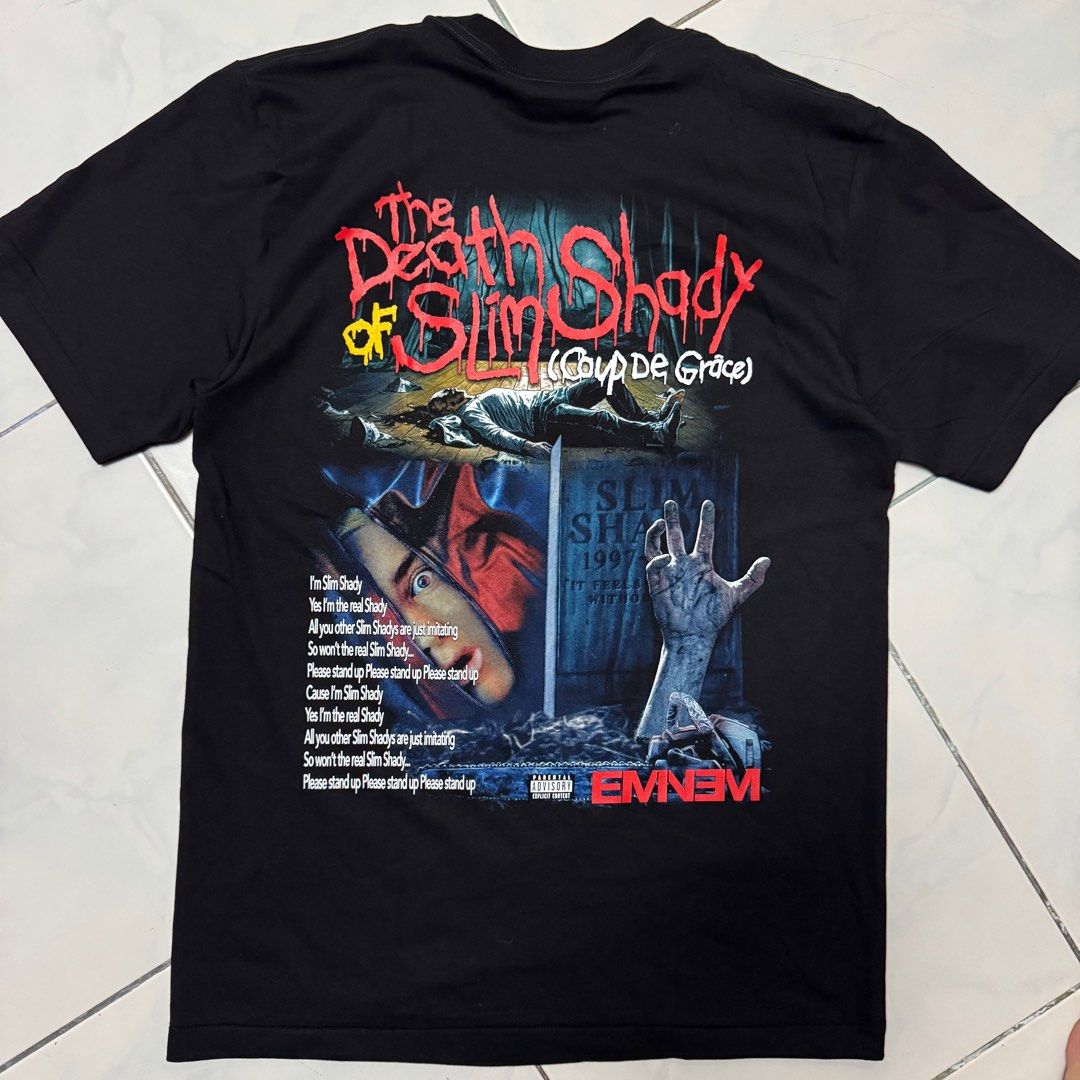 Eminem "Slim Shady" Rap Tee (Category: Tshirts & Polo Shirts ) located in Balanga. Submitted by thefabulouscatalog (Listing ID 1386813649, Image 2). Description: Dimes: 22.5x30 Holiday tag Size L No issue All items are Negotiable. Just pm me mga boss/madam 🙏.