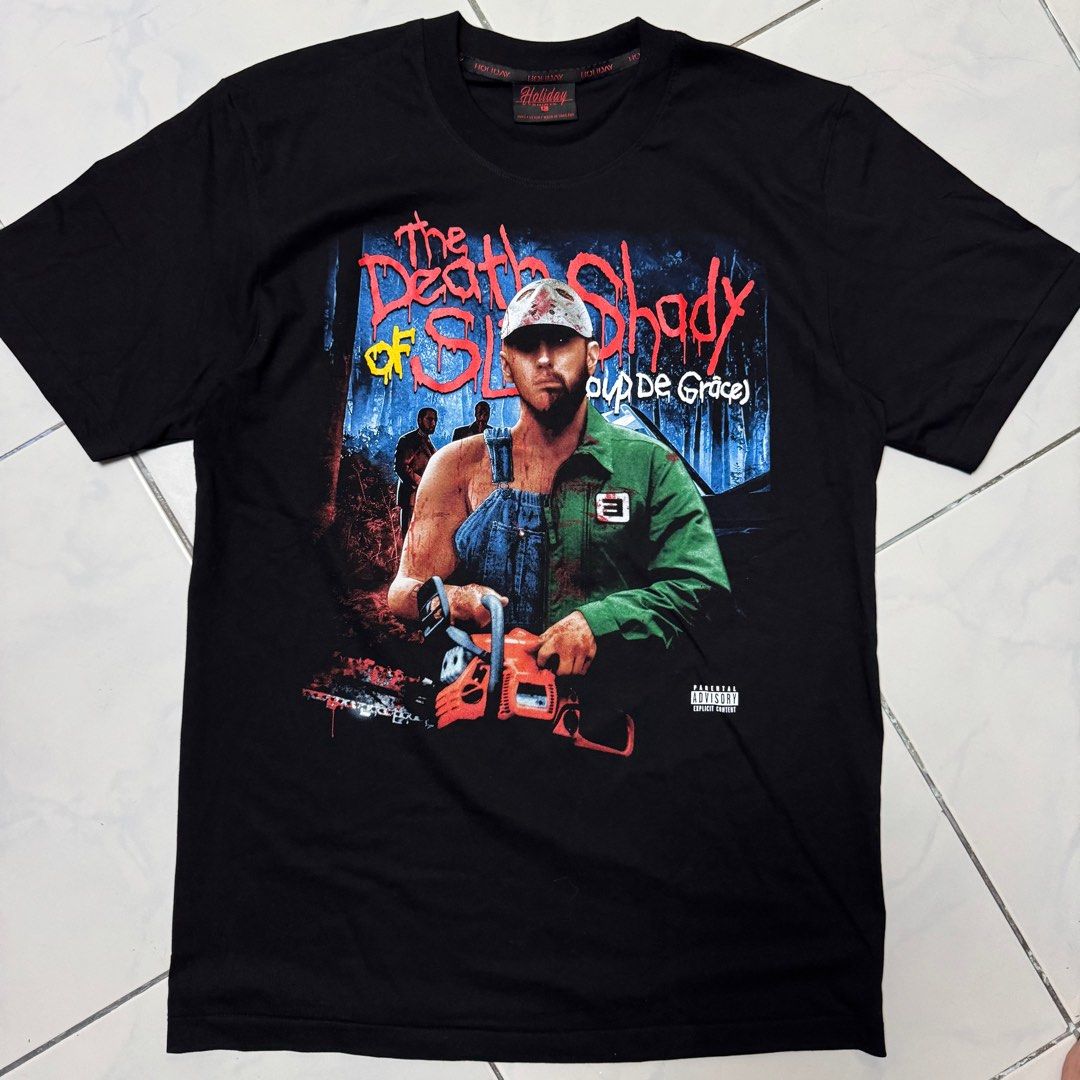 Eminem "Slim Shady" Rap Tee (Category: Tshirts & Polo Shirts ) located in Balanga. Submitted by thefabulouscatalog (Listing ID 1386813649, Image 1). Description: Dimes: 22.5x30 Holiday tag Size L No issue All items are Negotiable. Just pm me mga boss/madam 🙏.
