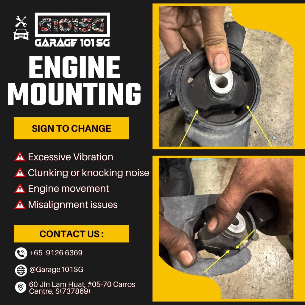 Engine Mounting (Category: Engine) located in Singapore. Submitted by garage101sg (Listing ID 1386820672, Image 2). Description: Is Your Car Shaking More Than Usual? 🚗💨 Your engine mounting holds your engine securely in place – but when it’s worn out, you’ll start to notice: ✅ Unusual vibrations in the cabin ✅ ‘Clunk’ or ‘thud’ sounds when accelerating or braking ✅ Engine movement or jerking when shifting gears ✅ Uneven or shaky idling Ignoring