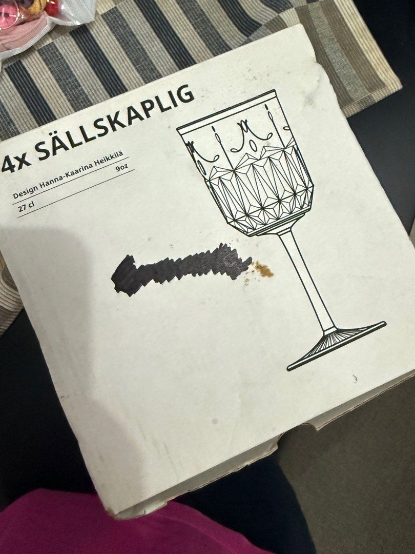 Ikea Sallskaplig Wine Glass (Category: Dinnerware & Cutlery) located in Taguig. Submitted by cams_declutter (Listing ID 1386884924, Image 1). Description: Ikea Sallskaplig Wine Glass 4 pieces Bought then stored Got abroad .