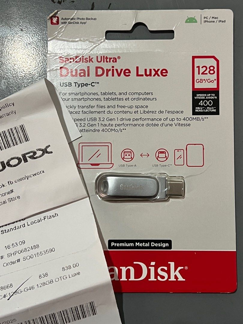 Sandisk Ultra Dual Drive Luxe (Category: Memory & SD Cards) located in Bacoor. Submitted by imsojelica (Listing ID 1386802138, Image 2). Description: Rfs: nagkamali ng bili, i thought it will work on ios Opened to try lang, sadly hnd nga nagwork since hnd supported ang ios with lightning ports Will work on iphone 15 and above devices Will work on android with usbc ports 128GB Comes with the receipt for warranty claims.